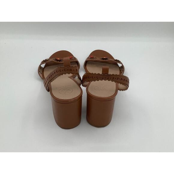 Tory Burch Size 9 Light Brown Kitten Heel Slides Floral Charms Boehmian - Picture 5 of 9